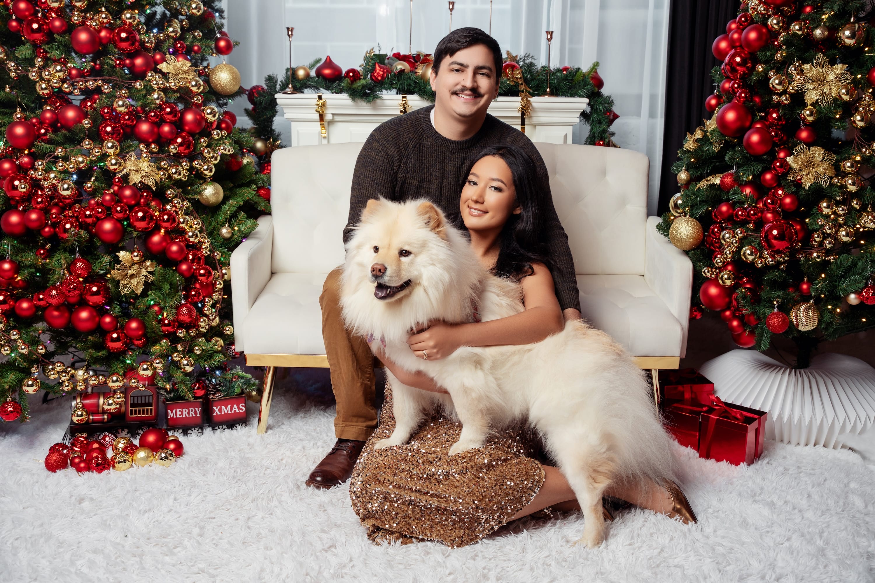 Woman with her dog beside a Christmas tree in a cozy holiday photo studio